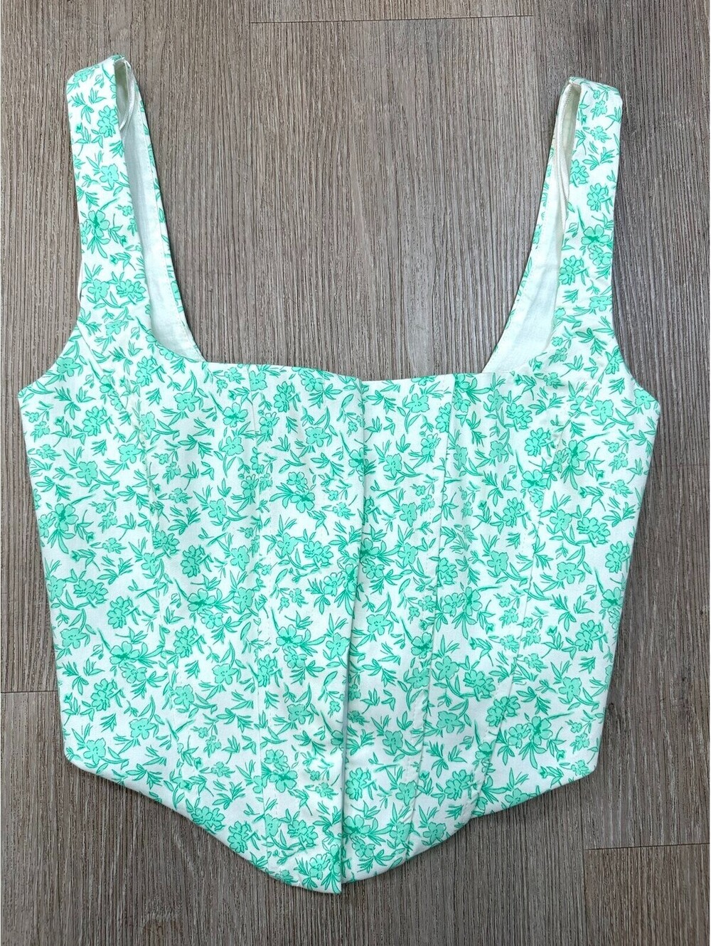 Zara NWT Green Floral Corset Top S Boned Bustier Square Neck Hook Front Coquette